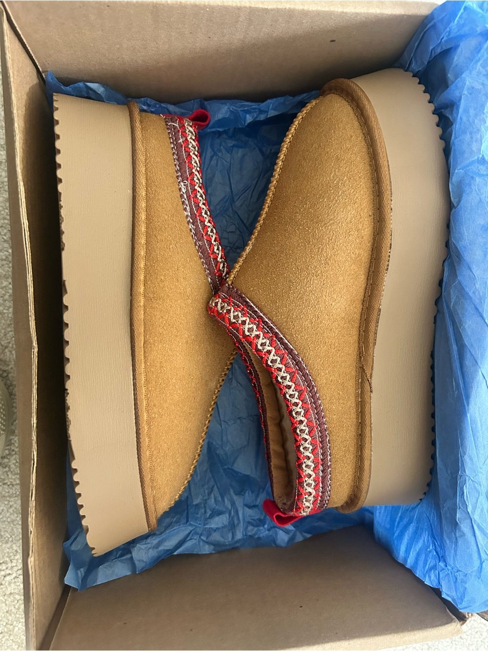 Women's Tan Platform Slip-On Shoes with Red Trim